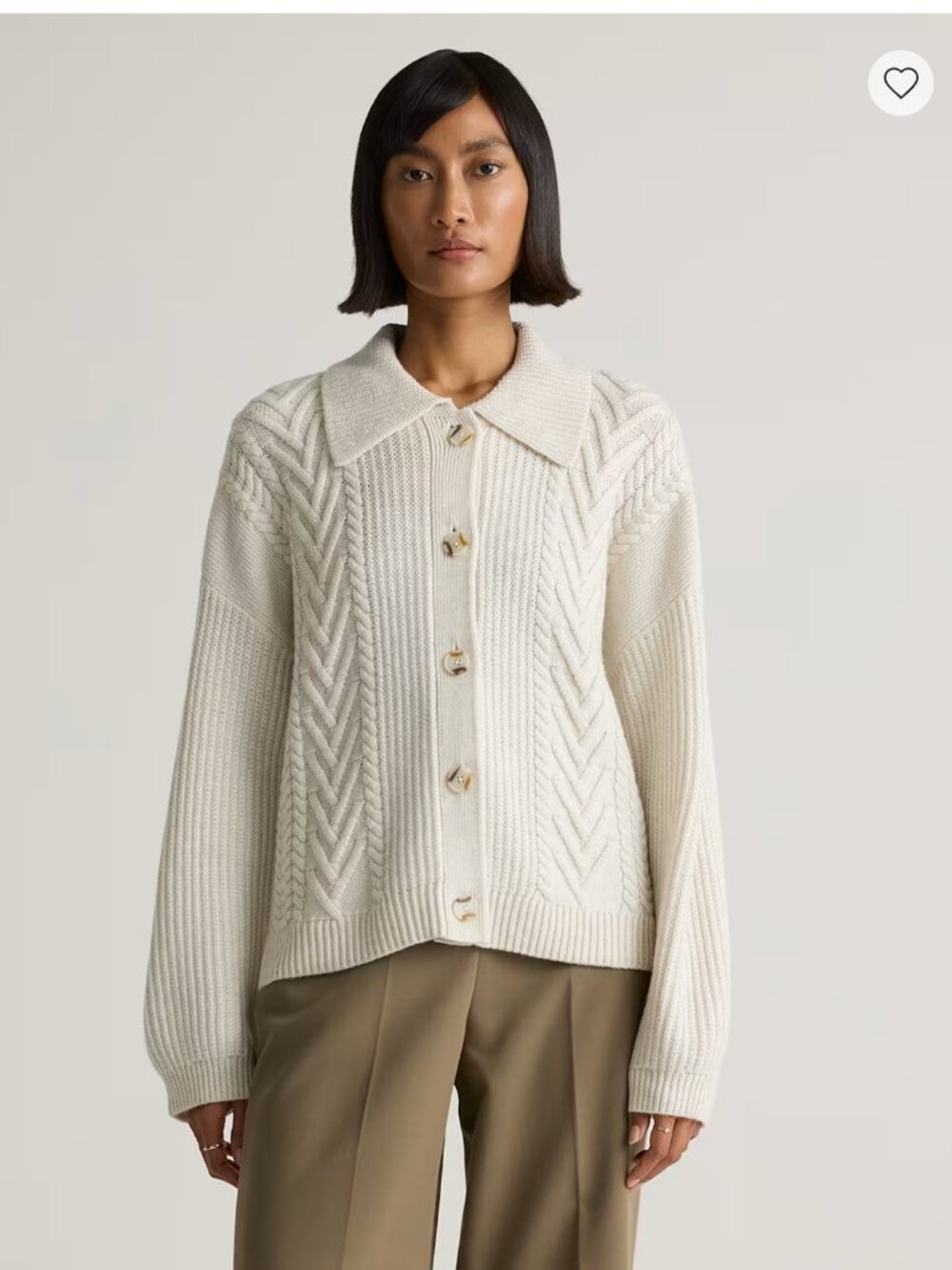 Quince Australian 100% Merino Wool Collared Cable Cardigan in Heather Bone Color